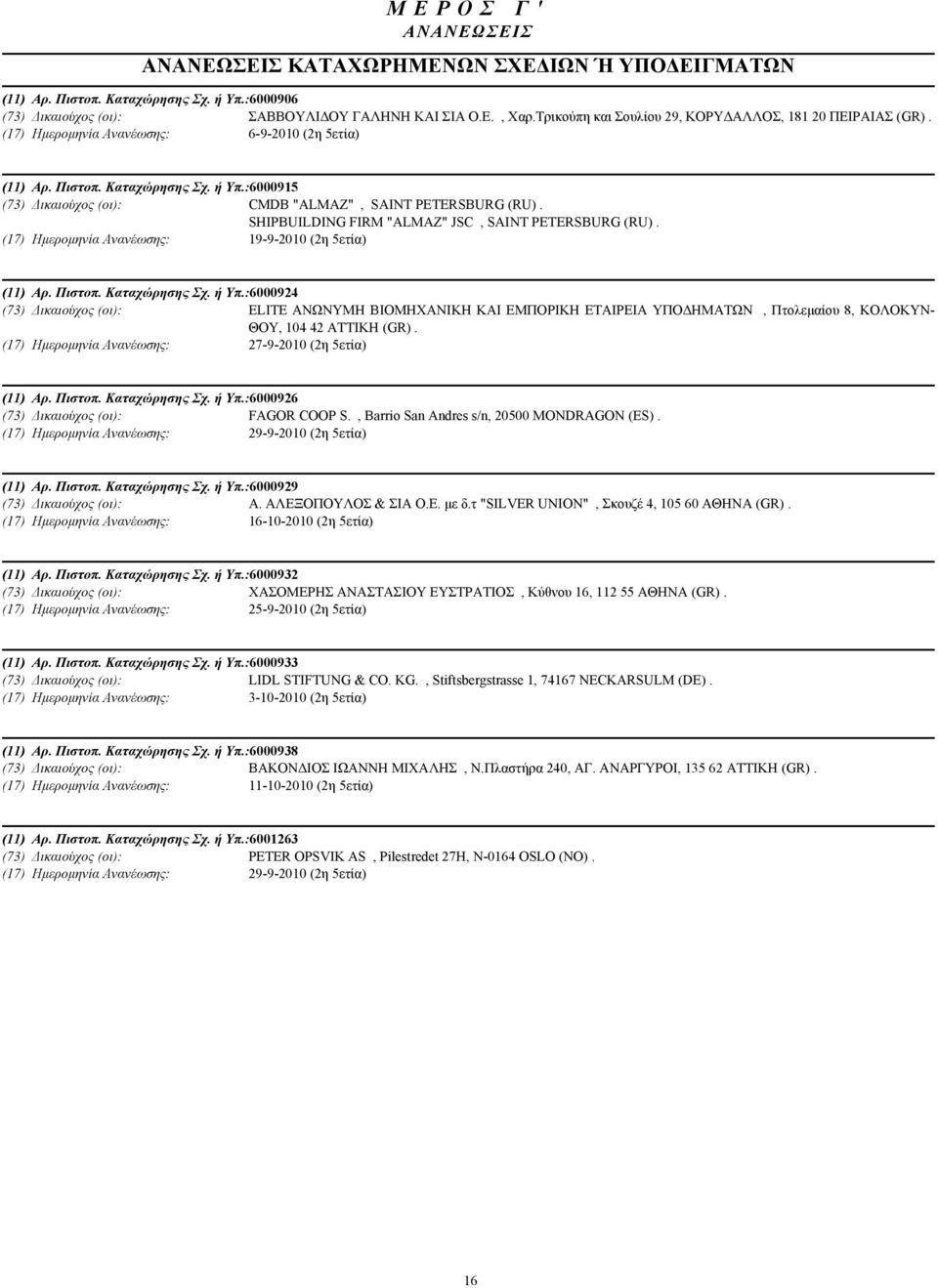 :6000915 (73) ικαιούχος (οι): CMDB "ALMAZ", SAINT PETERSBURG (RU). SHIPBUILDING FIRM "ALMAZ" JSC, SAINT PETERSBURG (RU). (17) Ηµεροµηνία Ανανέωσης: 19-9-2010 (2η 5ετία) (11) Αρ. Πιστοπ.