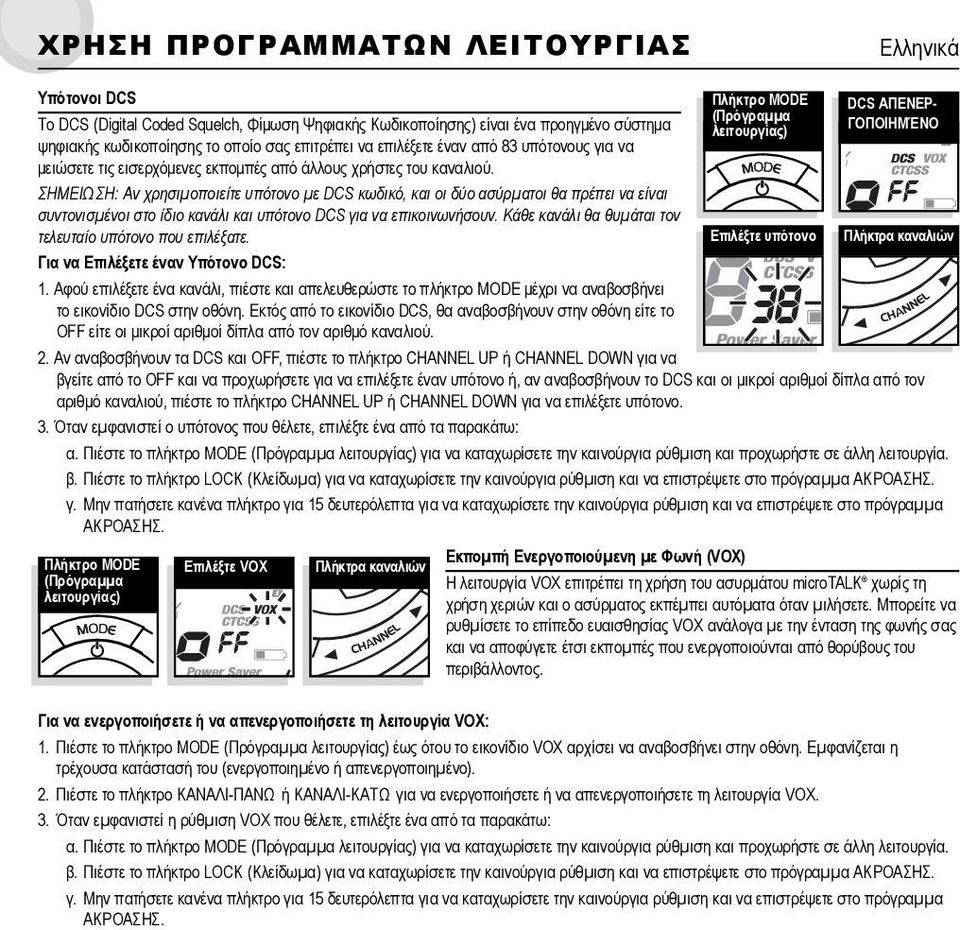 ΣΗΜΕΙΩ ΣΗ:ΑνχρησιμοποιείτευπότονομεDCSκωδικό,καιοιδύοασύρματοιθαπρέπειναείναι συντονισμένοιστοίδιοκανάλικαιυπότονοdcsγιαναεπικοινωνήσουν.κάθεκανάλιθαθυμάταιτον τελευταίουπότονοπουεπιλέξατε.