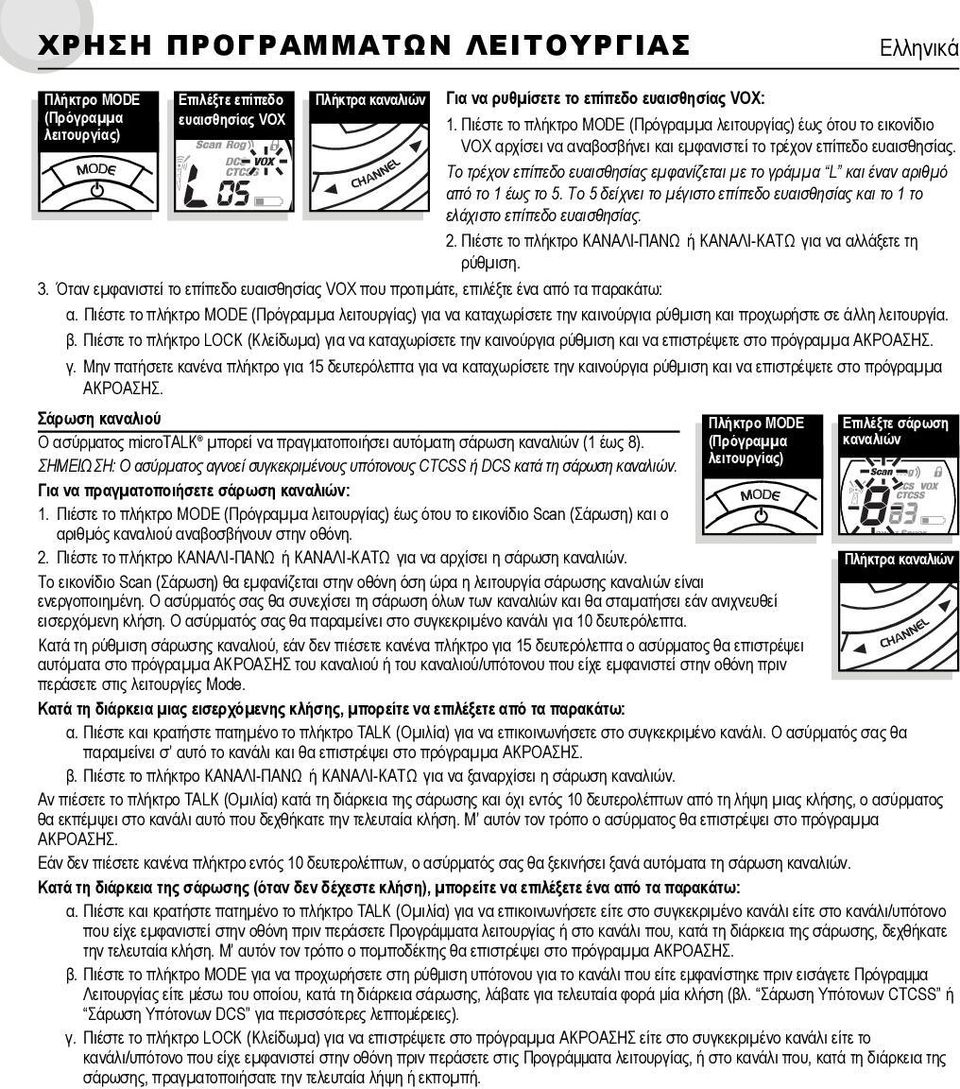 το5δείχνειτοµέγιστοεπίπεδοευαισθησίαςκαιτο1το ελάχιστοεπίπεδοευαισθησίας. 2. Πιέστε το πλήκτρο ΚΑNAΛΙ-ΠΑΝΩ ή ΚΑNAΛΙ-ΚΑΤΩ για να αλλάξετε τη ρύθµιση. 3.