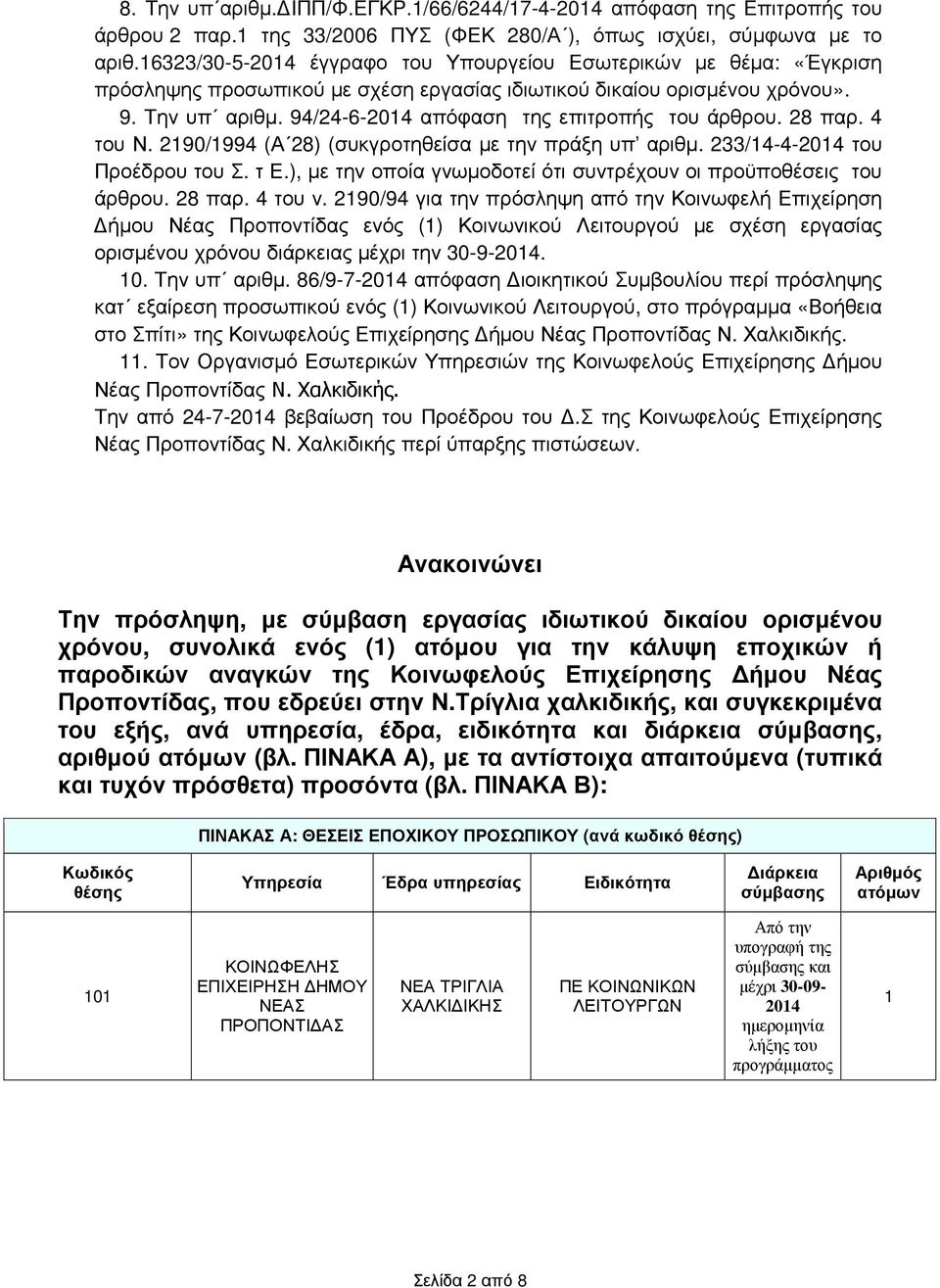 94/24-6-2014 απόφαση της επιτροπής του άρθρου. 28 παρ. 4 του Ν. 2190/1994 (Α 28) (συκγροτηθείσα µε την πράξη υπ αριθµ. 233/14-4-2014 του Προέδρου του Σ. τ Ε.
