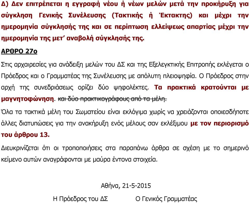 ΑΡΘΡΟ 27ο Στις αρχαιρεσίες για ανάδειξη μελών του ΔΣ και της Εξελεγκτικής Επιτροπής εκλέγεται ο Πρόεδρος και ο Γραμματέας της Συνέλευσης με απόλυτη πλειοψηφία.