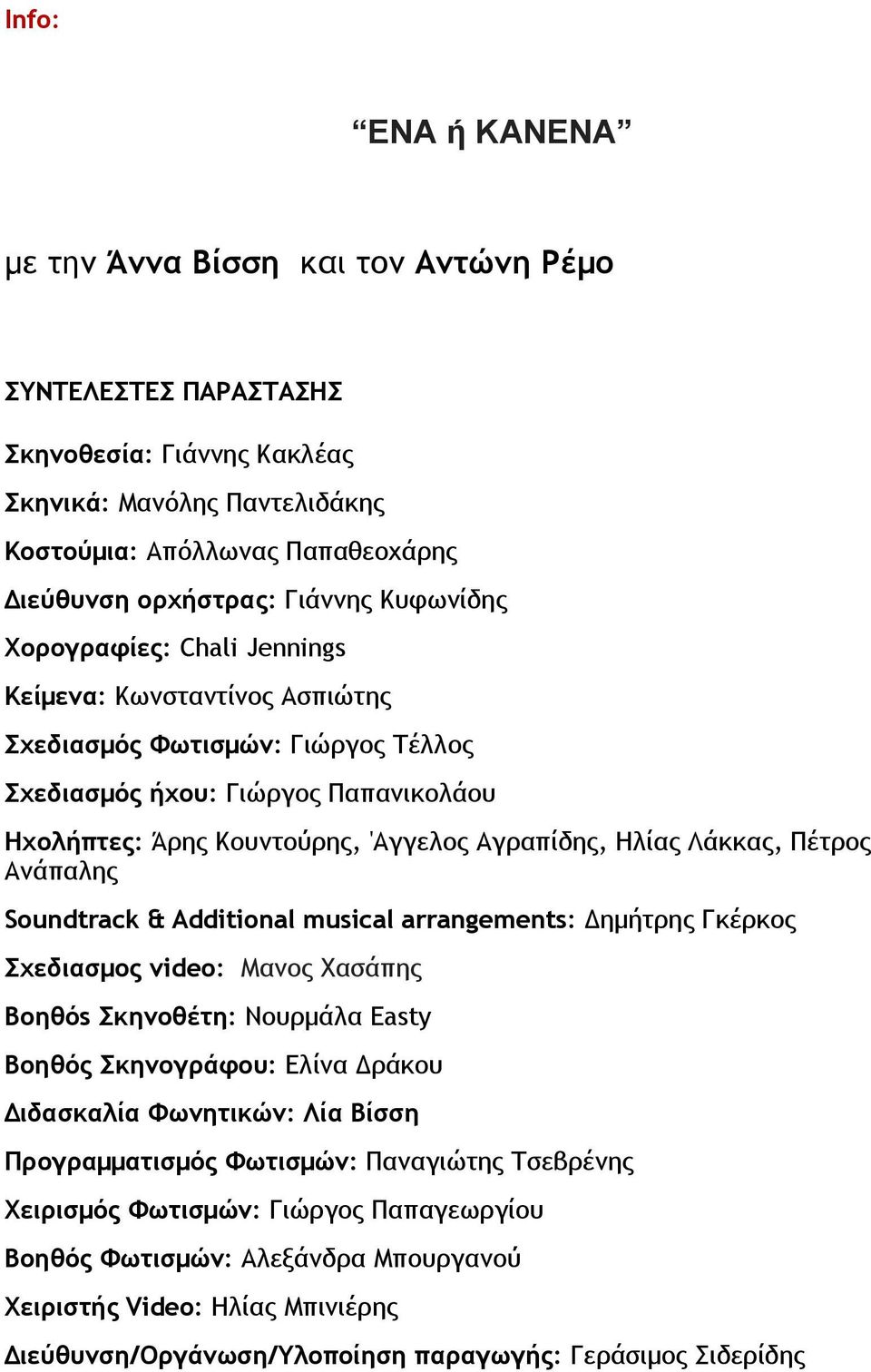 Ηλίας Λάκκας, Πέτρος Ανάπαλης Soundtrack & Additional musical arrangements: Δηµήτρης Γκέρκος Σχεδιασµος video: Μανος Χασάπης Βοηθόs Σκηνοθέτη: Νουρµάλα Easty Βοηθός Σκηνογράφου: Ελίνα Δράκου