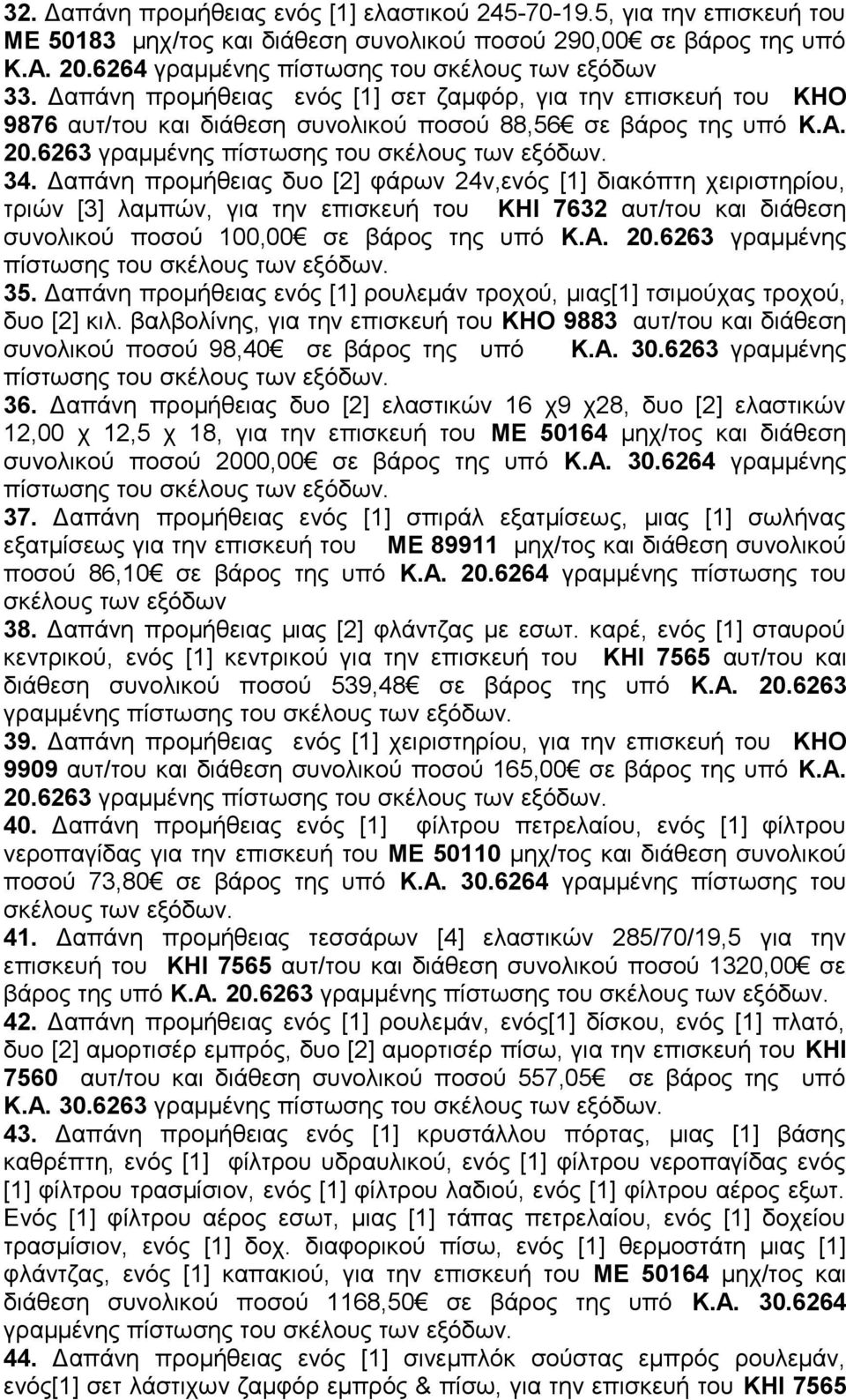 Δαπάνη προμήθειας δυο [2] φάρων 24ν,ενός [1] διακόπτη χειριστηρίου, τριών [3] λαμπών, για την επισκευή του ΚΗΙ 7632 αυτ/του και διάθεση συνολικού ποσού 100,00 σε βάρος της υπό Κ.Α. 20.