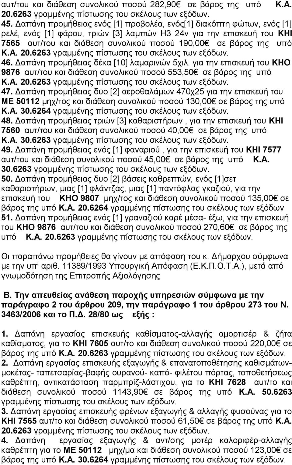 της υπό Κ.Α. 20.6263 46. Δαπάνη προμήθειας δέκα [10] λαμαρινών 5χιλ. για την επισκευή του ΚΗΟ 9876 αυτ/του και διάθεση συνολικού ποσού 553,50 σε βάρος της υπό Κ.Α. 20.6263 47.