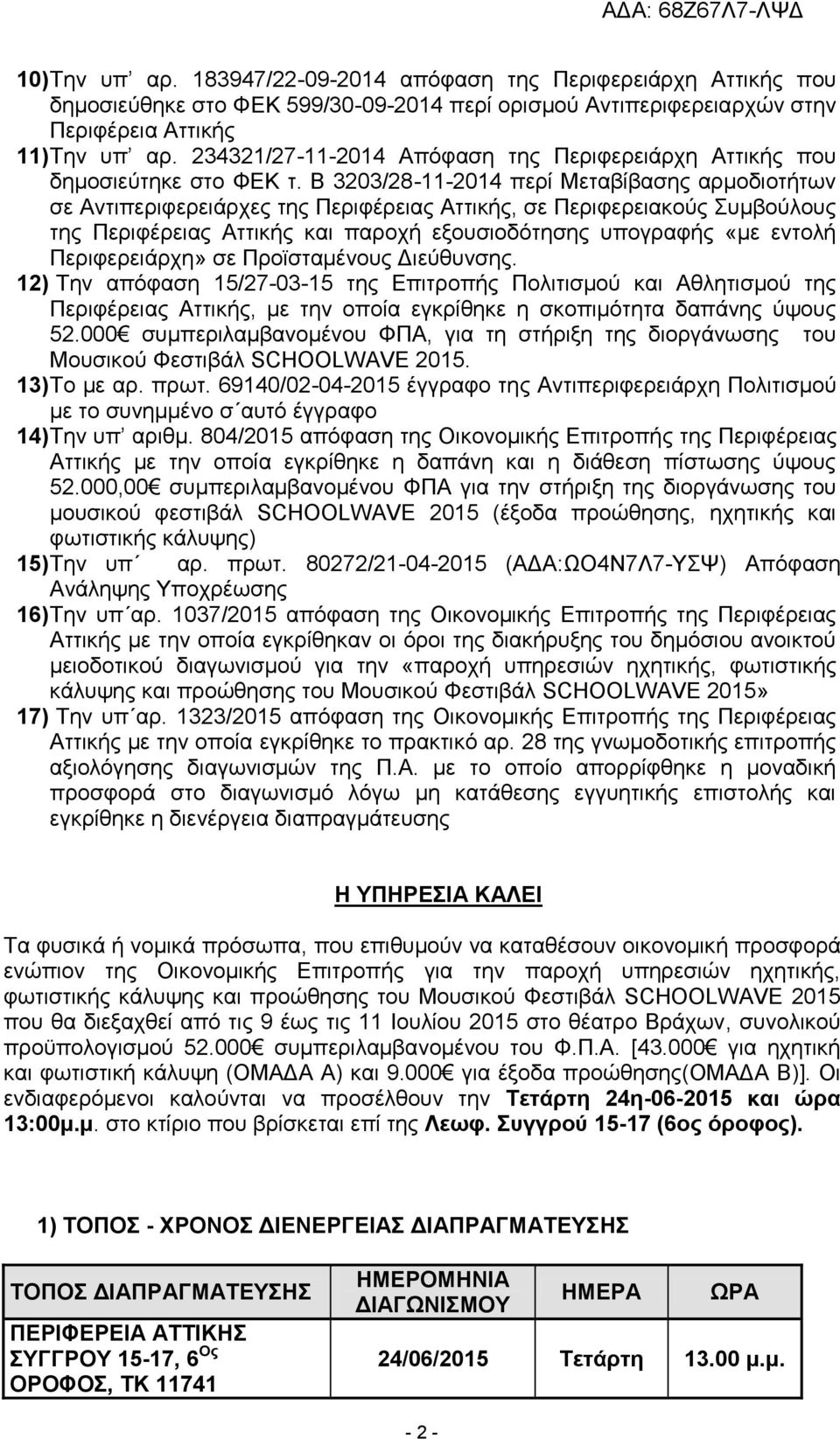 Β 3203/28-11-2014 περί Μεταβίβασης αρμοδιοτήτων σε Αντιπεριφερειάρχες της Περιφέρειας Αττικής, σε Περιφερειακούς Συμβούλους της Περιφέρειας Αττικής και παροχή εξουσιοδότησης υπογραφής «με εντολή