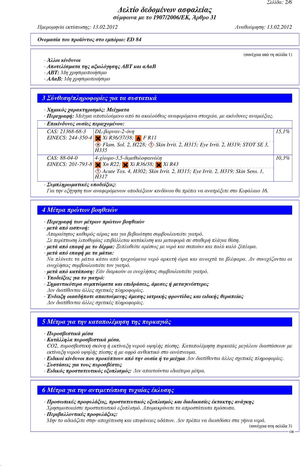 Επικίνδυνες ουσίες περιεχοµένου: CAS: 21368-68-3 EINECS: 244-350-4 CAS: 88-04-0 EINECS: 201-793-8 DL-βορναν-2-όνη Xi R36/37/38; F R11 Flam. Sol. 2, H228; Skin Irrit. 2, H315; Eye Irrit.