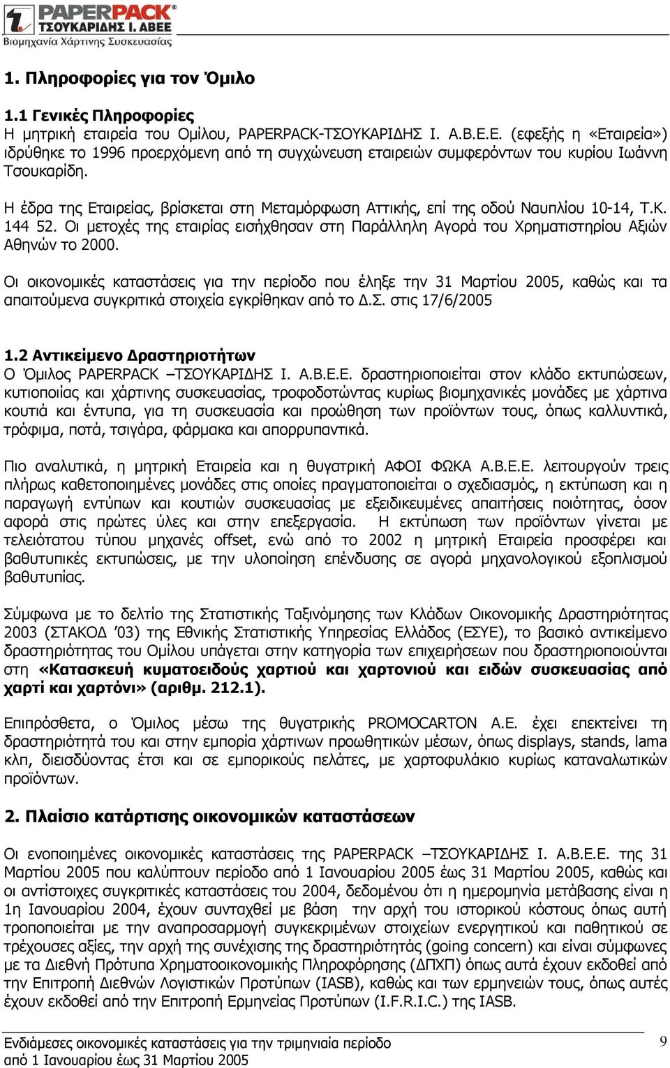 Η έδρα της Εταιρείας, βρίσκεται στη Μεταμόρφωση Αττικής, επί της οδού Ναυπλίου 10-14, Τ.Κ. 144 52. Οι μετοχές της εταιρίας εισήχθησαν στη Παράλληλη Αγορά του Χρηματιστηρίου Αξιών Αθηνών το 2000.