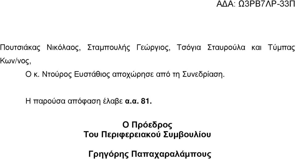 Ντούρος Ευστάθιος αποχώρησε από τη Συνεδρίαση.