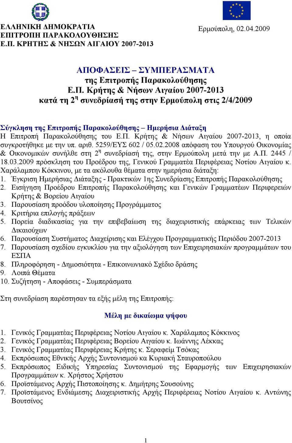 Π. 2445 / 18.03.2009 πρόσκληση του Προέδρου της, Γενικού Γραμματέα Περιφέρειας Νοτίου Αιγαίου κ. Χαράλαμπου Κόκκινου, με τα ακόλουθα θέματα στην ημερήσια διάταξη: 1.
