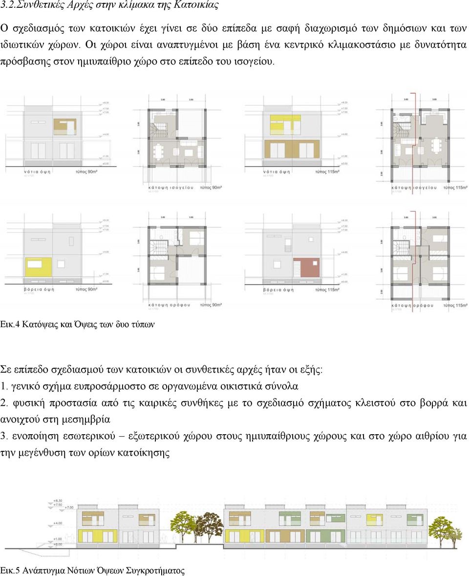 4 Κατόψεις και Όψεις των δυο τύπων Σε επίπεδο σχεδιασμού των κατοικιών οι συνθετικές αρχές ήταν οι εξής: 1. γενικό σχήμα ευπροσάρμοστο σε οργανωμένα οικιστικά σύνολα 2.