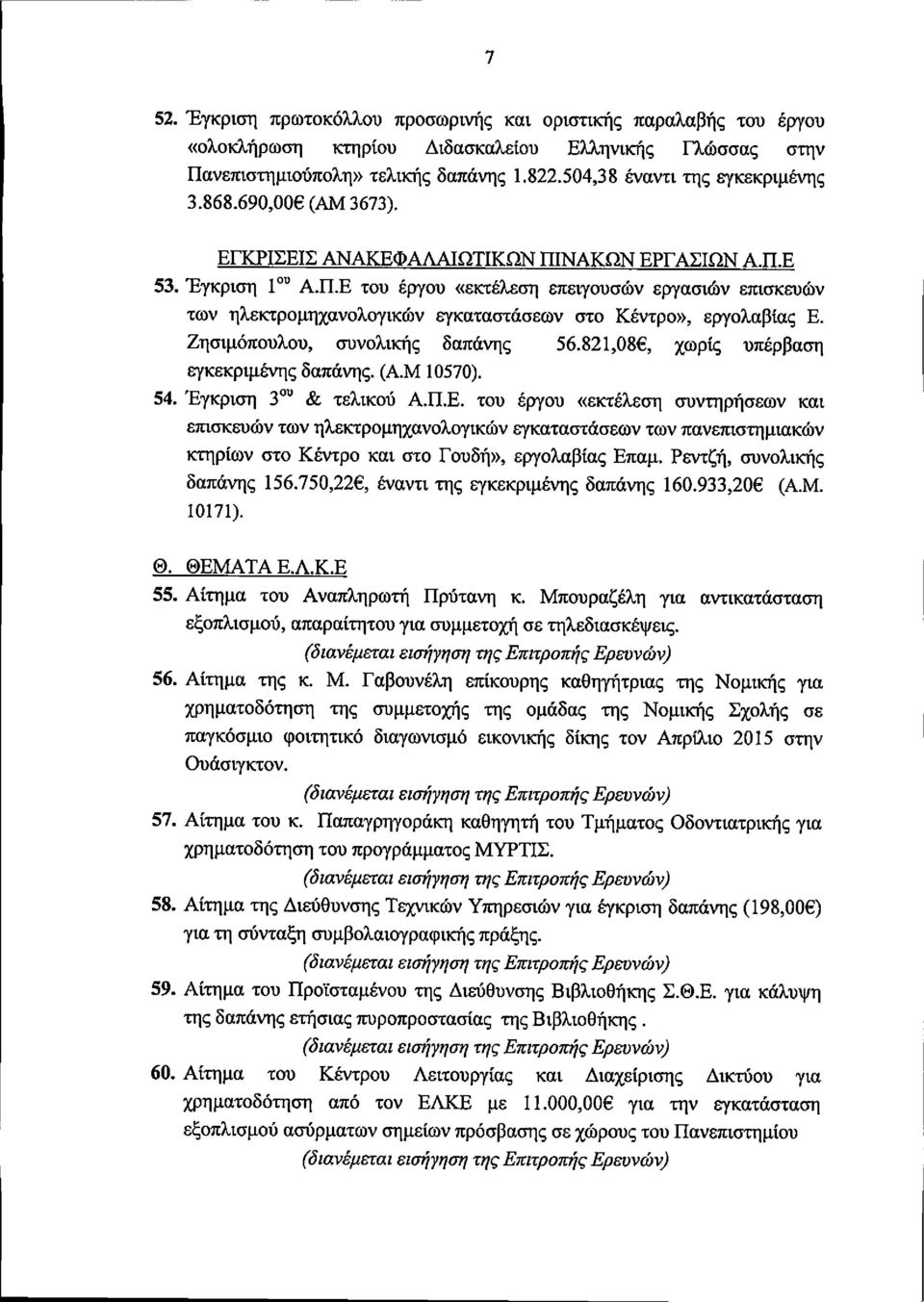 Ζησιμόπουλου, συνολικής δαπάνης 56.821,08, χωρίς υπέρβαση εγκεκριμένης δαπάνης. (Α.Μ 10570). 54. Έγκριση 3 " & τελικού Α.Π.Ε.