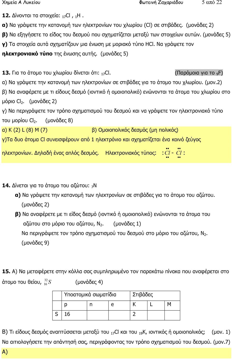 Να γράψετε τον ηλεκτρονιακό τύπο της ένωσης αυτής. (µονάδες 5) 13. Για το άτοµο του χλωρίου δίνεται ότι: 17 Cl.