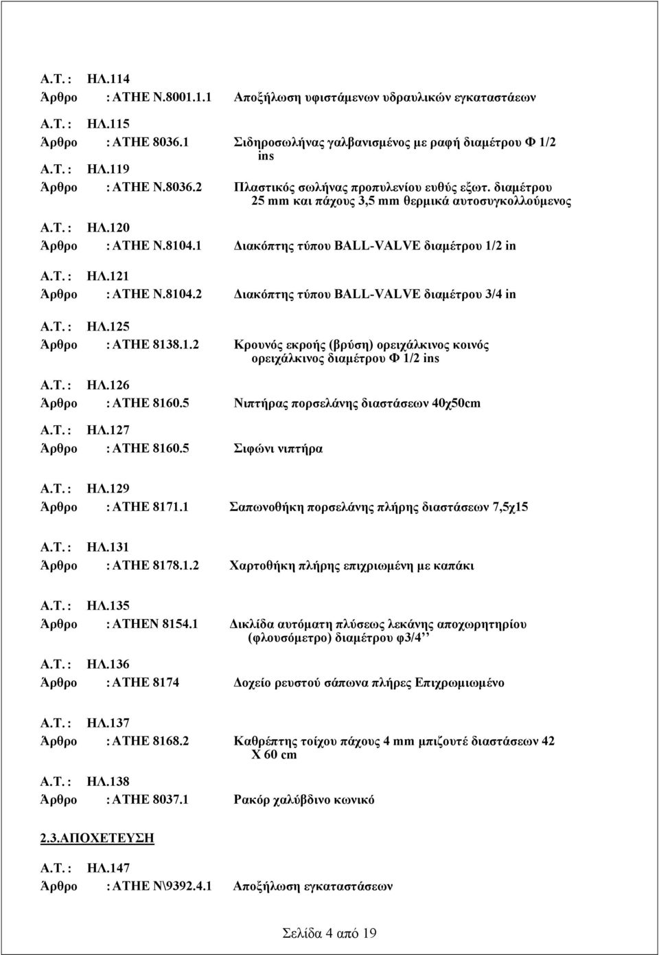 8104.2 Διακόπτης τύπου ΒΑLL-VALVE διαμέτρου 3/4 in Α.Τ. : ΗΛ.125 Άρθρο : ΑΤΗΕ 8138.1.2 Κρουνός εκροής (βρύση) ορειχάλκινος κοινός ορειχάλκινος διαμέτρου Φ 1/2 ins Α.Τ. : ΗΛ.126 Άρθρο : ΑΤΗΕ 8160.