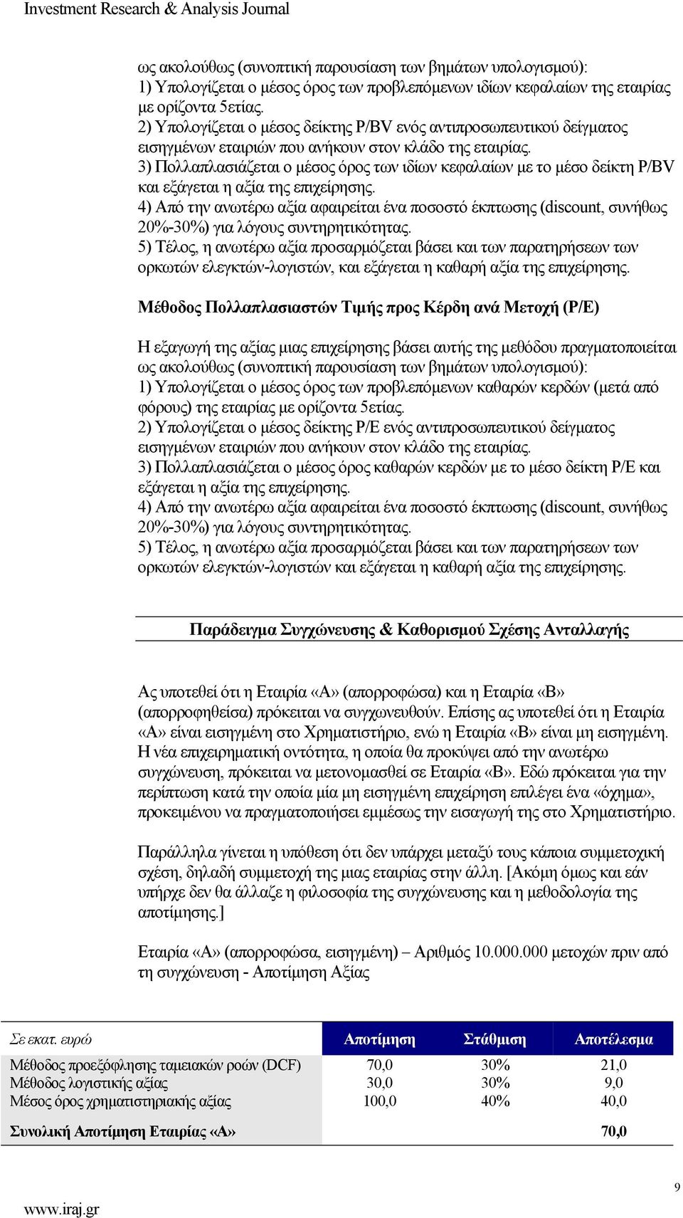 3) Πολλαπλασιάζεται ο µέσος όρος των ιδίων κεφαλαίων µε το µέσο δείκτη P/BV και εξάγεται η αξία της επιχείρησης.