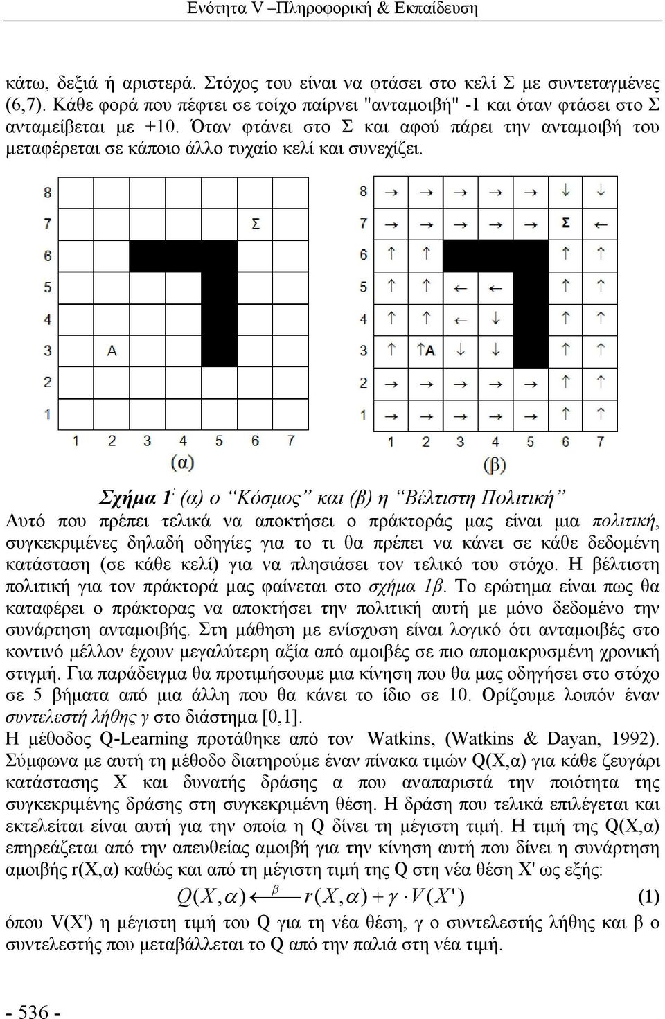 Σχήμα 1 : (α) ο Κόσμος και (β) η Βέλτιστη Πολιτική Αυτό που πρέπει τελικά να αποκτήσει ο πράκτοράς μας είναι μια πολιτική, συγκεκριμένες δηλαδή οδηγίες για το τι θα πρέπει να κάνει σε κάθε δεδομένη