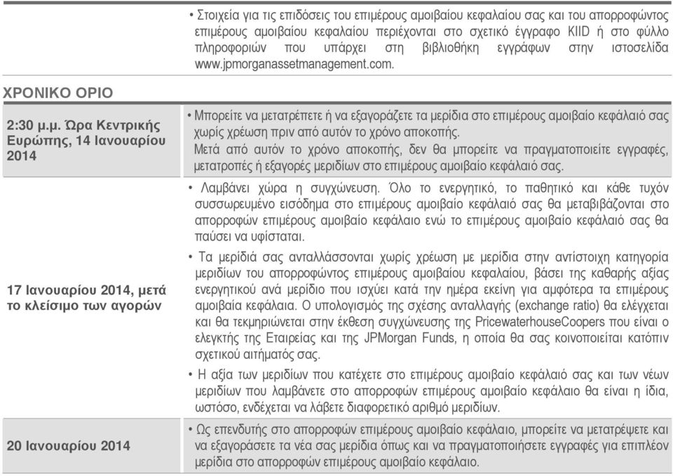 µ. Ώρα Κεντρικής Ευρώπης, 14 Ιανουαρίου 2014 17 Ιανουαρίου 2014, µετά το κλείσιµο των αγορών 20 Ιανουαρίου 2014 Μπορείτε να µετατρέπετε ή να εξαγοράζετε τα µερίδια στο επιµέρους αµοιβαίο κεφάλαιό σας