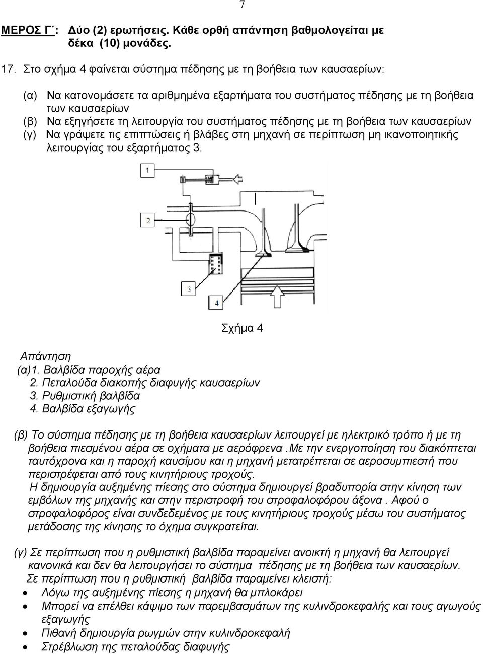 του συστήματος πέδησης με τη βοήθεια των καυσαερίων (γ) Να γράψετε τις επιπτώσεις ή βλάβες στη μηχανή σε περίπτωση μη ικανοποιητικής λειτουργίας του εξαρτήματος 3. Σχήμα 4 (α)1.