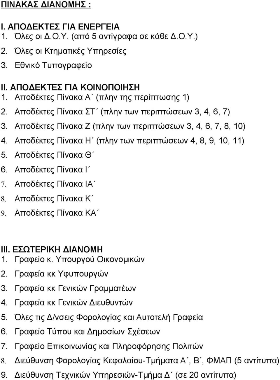 Αποδέκτες Πίνακα Η (πλην των περιπτώσεων 4, 8, 9, 10, 11) 5. Αποδέκτες Πίνακα Θ 6. Αποδέκτες Πίνακα Ι 7. Αποδέκτες Πίνακα ΙA 8. Αποδέκτες Πίνακα Κ 9. Αποδέκτες Πίνακα ΚA ΙΙΙ. ΕΣΩΤΕΡΙΚΗ ΔΙΑΝΟΜΗ 1.