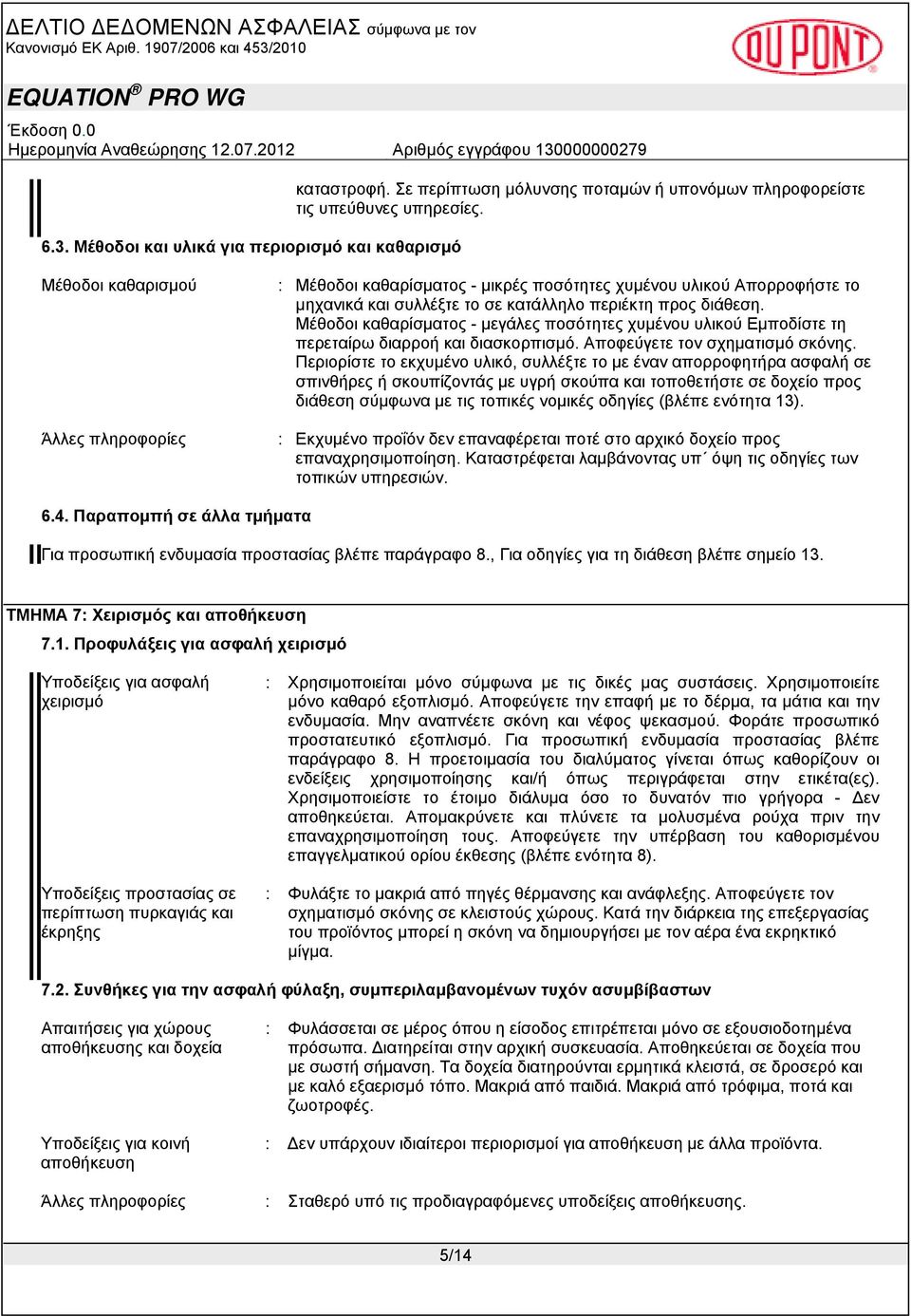 Μέθοδοι καθαρίσματος - μεγάλες ποσότητες χυμένου υλικού Εμποδίστε τη περεταίρω διαρροή και διασκορπισμό. Αποφεύγετε τον σχηματισμό σκόνης.