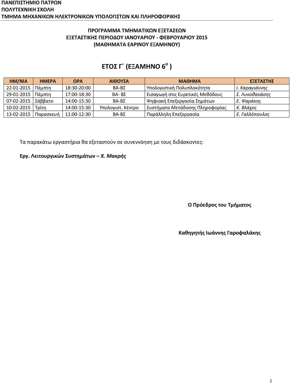 Λυκοθανάσης 07-02-2015 Σάββατο 14:00-15:30 ΒΑ-ΒΣ Ψηφιακή Επεξεργασία Σημάτων Ε. Ψαράκης 10-02-2015 Τρίτη 14:00-15:30 Υπολογιστ.