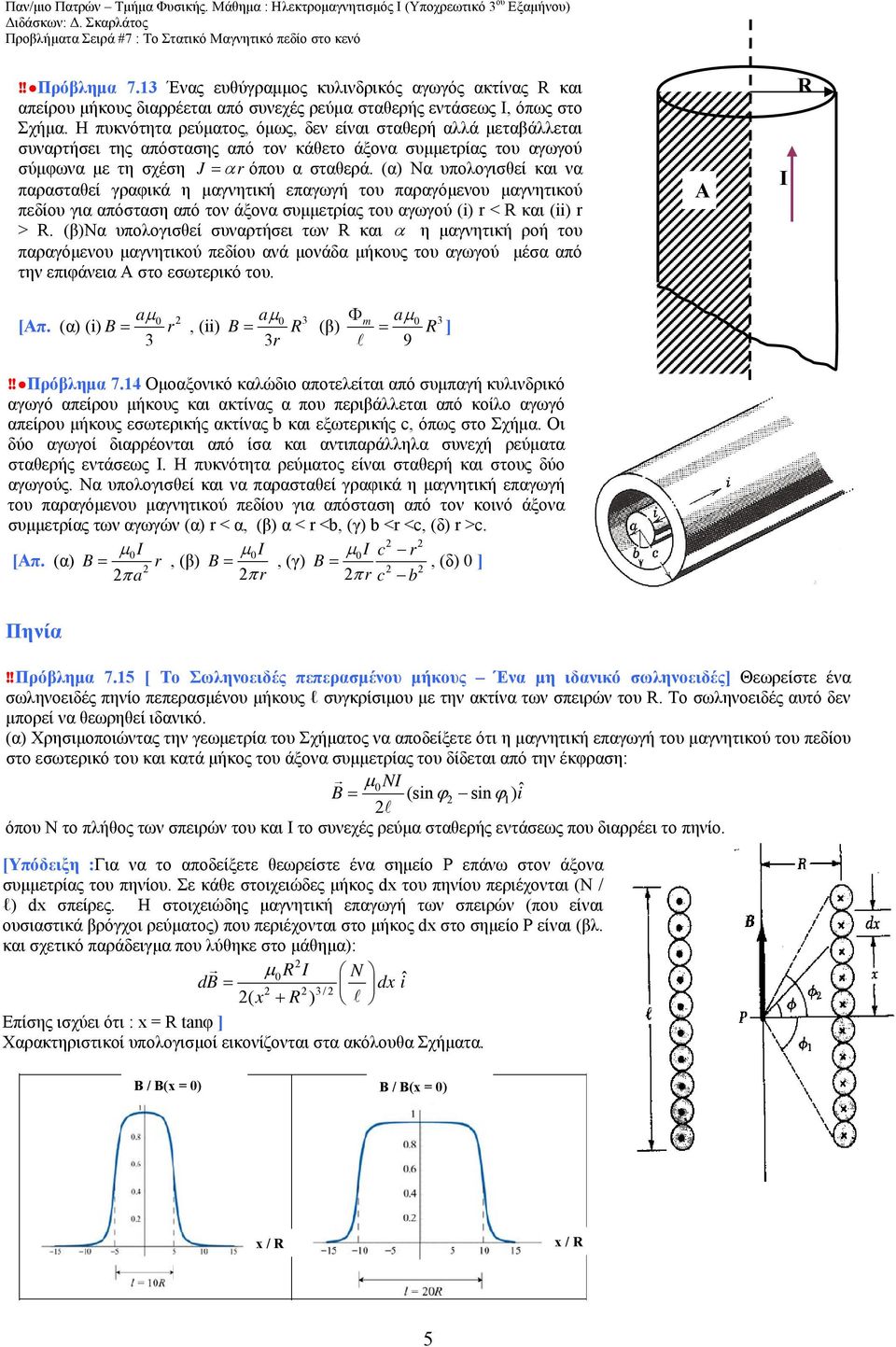 (α) Να υπολογισθεί και να παρασταθεί γραφικά η μαγνητική επαγωγή του παραγόμενου μαγνητικού πεδίου για απόσταση από τον άξονα συμμετρίας του αγωγού (i) r < R και (ii) r > R.
