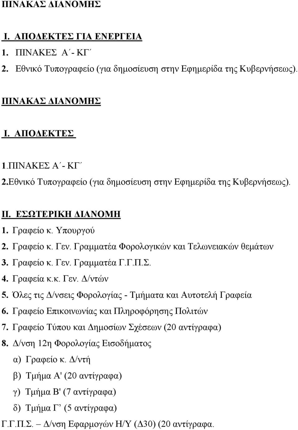 Όλες τις Δ/νσεις Φορολογίας - Τμήματα και Αυτοτελή Γραφεία 6. Γραφείο Επικοινωνίας και Πληροφόρησης Πολιτών 7. Γραφείο Τύπου και Δημοσίων Σχέσεων (20 αντίγραφα) 8.