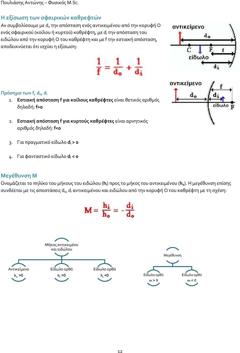 του καθρέφτη και με f την εστιακή απόσταση, αποδεικνύεται ότι ισχύει η εξίσωση: Πρόσημα των f, d 0, d i 1. Εστιακή απόσταση f για κοίλους καθρέφτες είναι θετικός αριθμός δηλαδή: f>0 2.