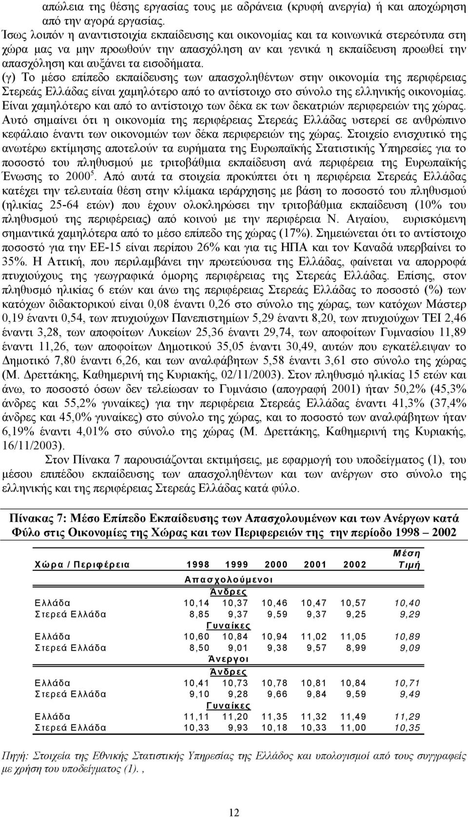 εισοδήματα. (γ) Το μέσο επίπεδο εκπαίδευσης των απασχοληθέντων στην οικονομία της περιφέρειας Στερεάς Ελλάδας είναι χαμηλότερο από το αντίστοιχο στο σύνολο της ελληνικής οικονομίας.