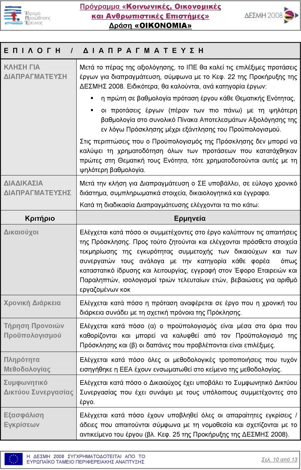 Ειδικότερα, θα καλούνται, ανά κατηγορία έργων: η πρώτη σε βαθµολογία πρόταση έργου κάθε Θεµατικής Ενότητας, οι προτάσεις έργων (πέραν των πιο πάνω) µε τη ψηλότερη βαθµολογία στο συνολικό Πίνακα