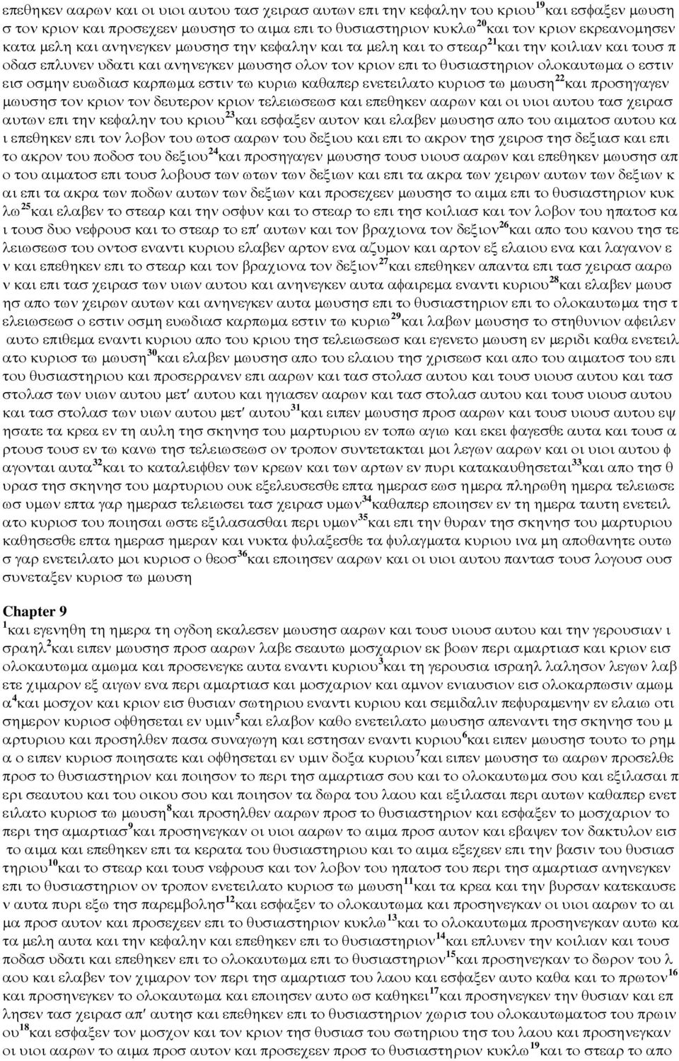 ευωδιασ καρπωµα εστιν τω κυριω καθαπερ ενετειλατο κυριοσ τω µωυση 22 και προσηγαγεν µωυσησ τον κριον τον δευτερον κριον τελειωσεωσ και επεθηκεν ααρων και οι υιοι αυτου τασ χειρασ αυτων επι την