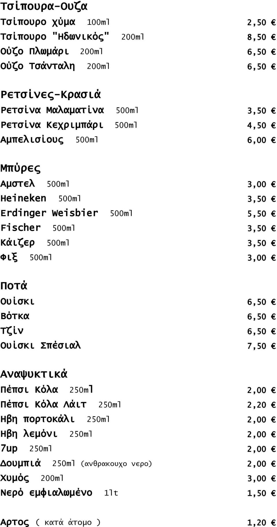 4,50 6,00 3,00 3,50 5,50 3,50 3,50 3,00 Ποτά Ουίσκι 6,50 Βότκα 6,50 Τζίν 6,50 Ουίσκι Σπέσιαλ 7,50 Αναψυκτικά Πέπσι Κόλα 250ml Πέπσι Κόλα Λάιτ 250ml Ηβη