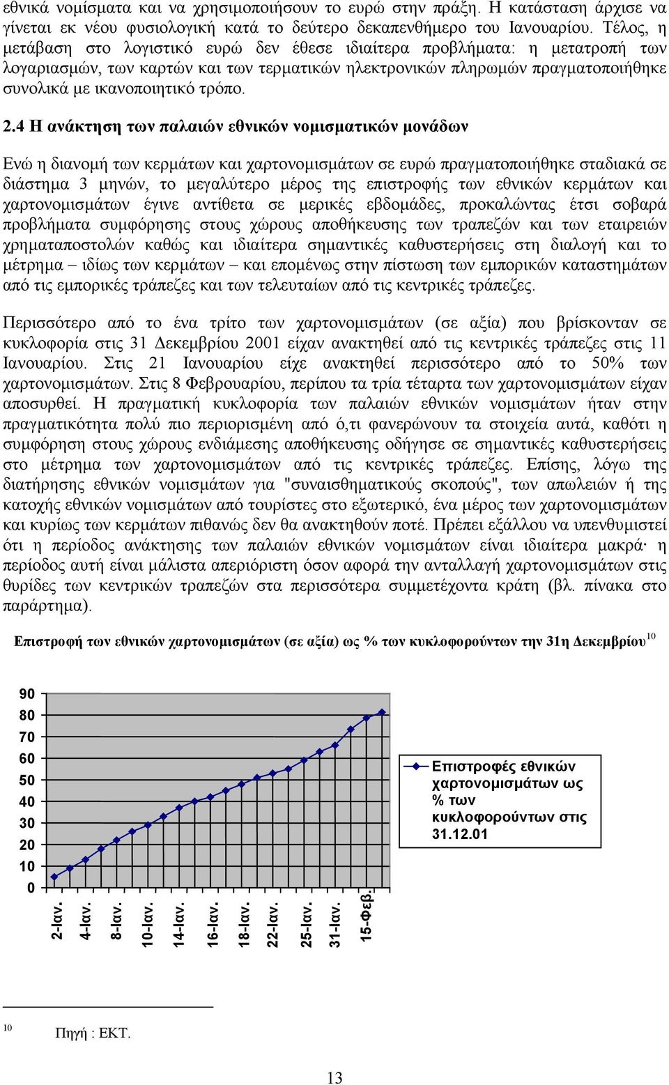 2.4 Η ανάκτηση των παλαιών εθνικών νοµισµατικών µονάδων Ενώ η διανοµή των κερµάτων και χαρτονοµισµάτων σε ευρώ πραγµατοποιήθηκε σταδιακά σε διάστηµα 3 µηνών, το µεγαλύτερο µέρος της επιστροφής των