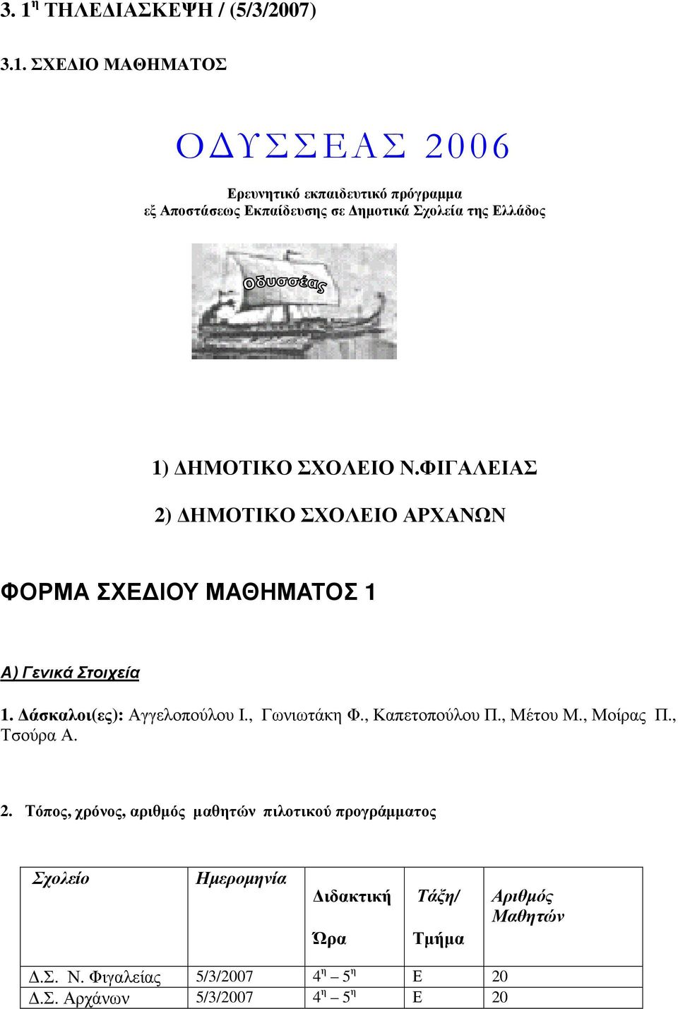 άσκαλοι(ες): Αγγελοπούλου Ι., Γωνιωτάκη Φ., Καπετοπούλου Π., Μέτου Μ., Μοίρας Π., Τσούρα Α. 2.