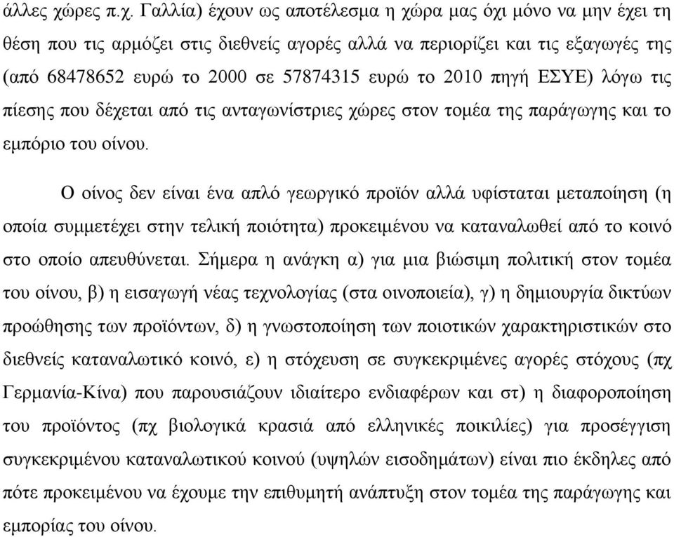 Γαιιία) έρνπλ σο απνηέιεζκα ε ρψξα καο φρη κφλν λα κελ έρεη ηε ζέζε πνπ ηηο αξκφδεη ζηηο δηεζλείο αγνξέο αιιά λα πεξηνξίδεη θαη ηηο εμαγσγέο ηεο (απφ 68478652 επξψ ην 2000 ζε 57874315 επξψ ην 2010