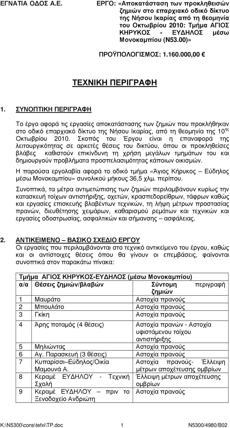 ΣΥΝΟΠΤΙΚΗ ΠΕΡΙΓΡΑΦΗ Το έργο αφορά τις εργασίες αποκατάστασης των ζηµιών που προκλήθηκαν στο οδικό επαρχιακό δίκτυο της Νήσου Ικαρίας, από τη θεοµηνία της 10 ης Οκτωβρίου 2010.