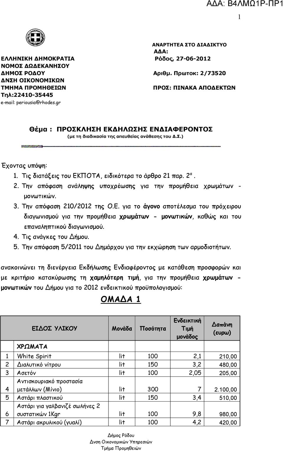 gr Θέμα : ΠΡΟΣΚΛΗΣΗ ΕΚΔΗΛΩΣΗΣ ΕΝΔΙΑΦΕΡΟΝΤΟΣ (με τη διαδικασία της απευθείας ανάθεσης του Δ.Σ.) Έχοντας υπόψη: 1. Τις διατάξεις του ΕΚΠΟΤΑ, ειδικότερα το άρθρο 21