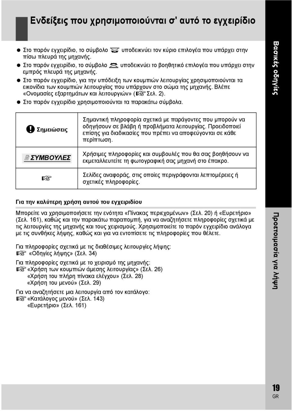 Στο παρόν εγχειρίδιο, για την υπόδειξη των κουμπιών λειτουργίας χρησιμοποιούνται τα εικονίδια των κουμπιών λειτουργίας που υπάρχουν στο σώμα της μηχανής.