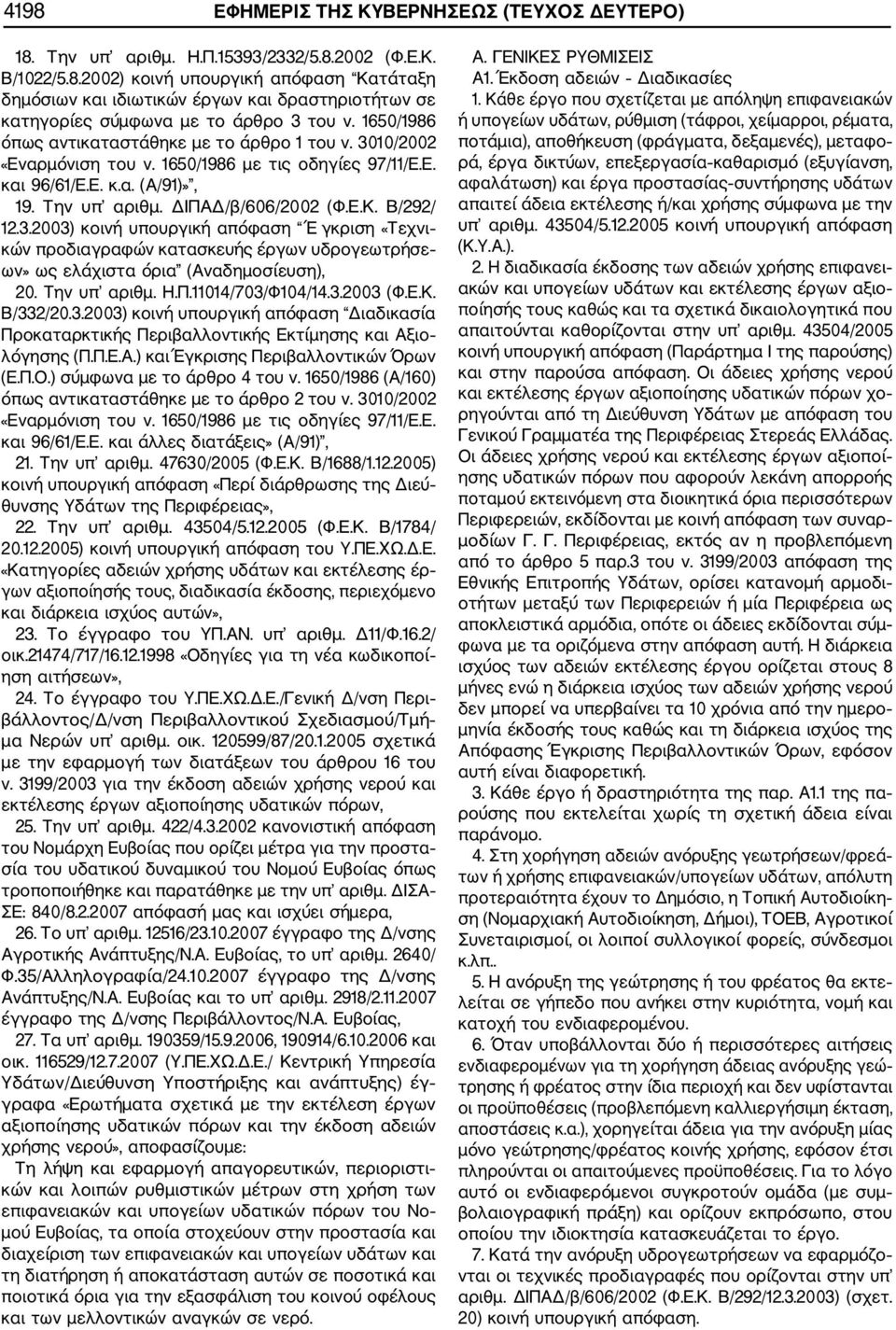 3.2003) κοινή υπουργική απόφαση Έ γκριση «Τεχνι κών προδιαγραφών κατασκευής έργων υδρογεωτρήσε ων» ως ελάχιστα όρια (Αναδημοσίευση), 20. Την υπ αριθμ. Η.Π.11014/703/Φ104/14.3.2003 (Φ.Ε.Κ. Β/332/20.3.2003) κοινή υπουργική απόφαση Διαδικασία Προκαταρκτικής Περιβαλλοντικής Εκτίμησης και Αξιο λόγησης (Π.