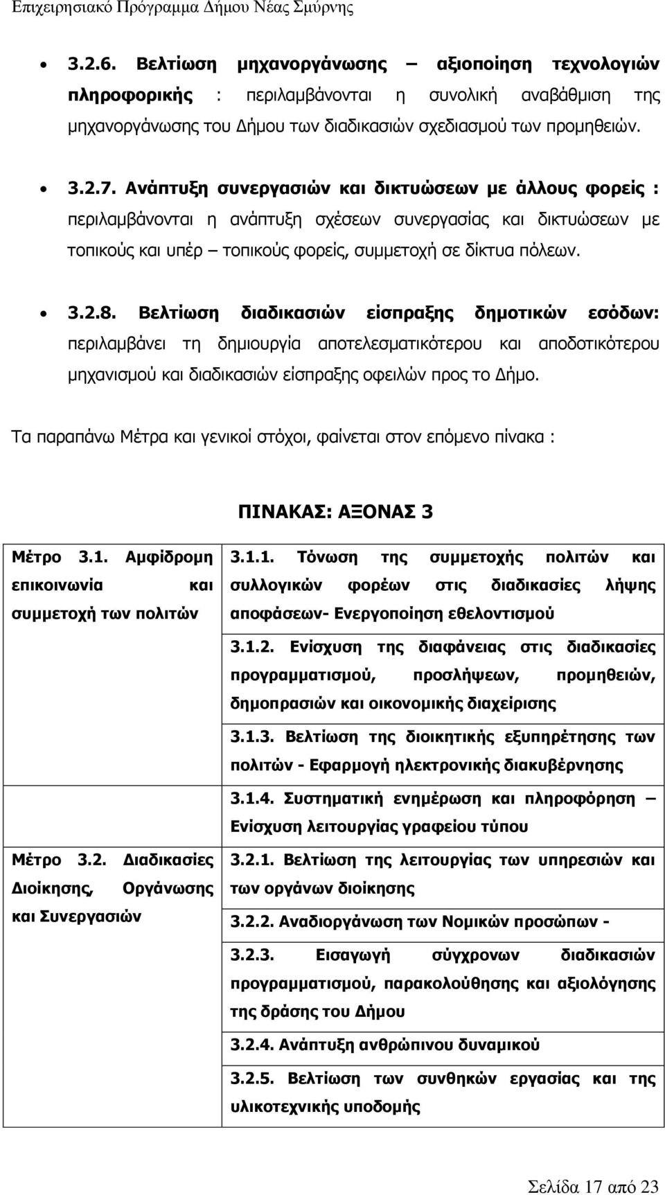 Βελτίωση διαδικασιών είσπραξης δημοτικών εσόδων: περιλαμβάνει τη δημιουργία αποτελεσματικότερου και αποδοτικότερου μηχανισμού και διαδικασιών είσπραξης οφειλών προς το Δήμο.