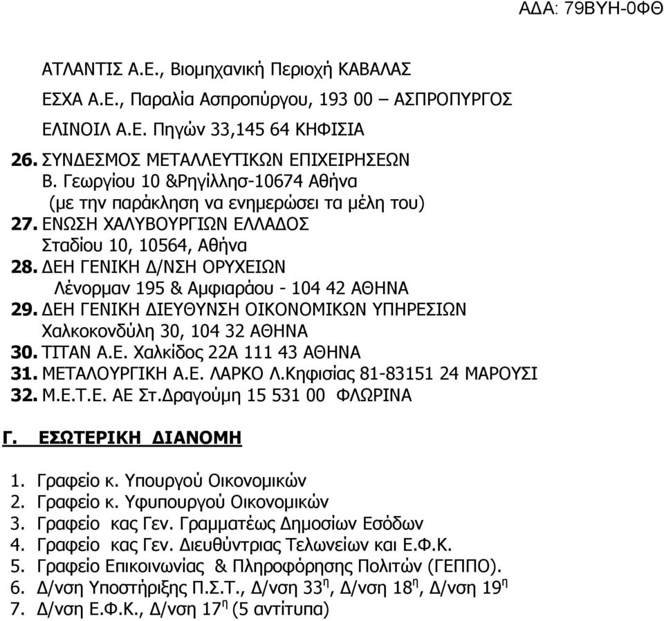 ΓΔΖ ΓΔΛΗΘΖ ΓΗΔΘΛΠΖ ΝΗΘΝΛΝΚΗΘΩΛ ΞΖΟΔΠΗΩΛ Σαιθνθνλδύιε 30, 104 32 ΑΘΖΛΑ 30. ΡΗΡΑΛ Α.Δ. Σαιθίδνο 22Α 111 43 ΑΘΖΛΑ 31. ΚΔΡΑΙΝΟΓΗΘΖ Α.Δ. ΙΑΟΘΝ Ι.Θεθηζίαο 81-83151 24 ΚΑΟΝΠΗ 32. Κ.Δ.Ρ.Δ. ΑΔ Πη.