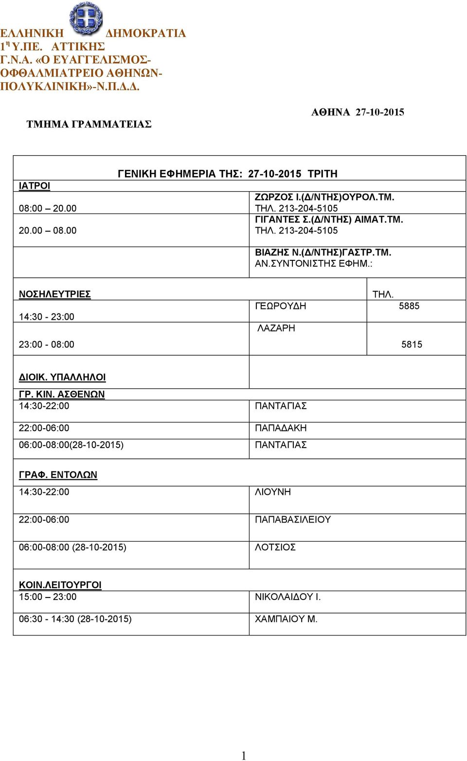 ΣΥΝΤΟΝΙΣΤΗΣ ΕΦΗΜ.: ΝΟΣΗΛΕΥΤΡΙΕΣ 14:30-23:00 23:00-08:00 ΤΗΛ. ΓΕΩΡΟΥΔΗ 5885 ΛΑΖΑΡΗ 5815 ΔΙΟΙΚ. ΥΠΑΛΛΗΛΟΙ ΓΡ. ΚΙΝ.