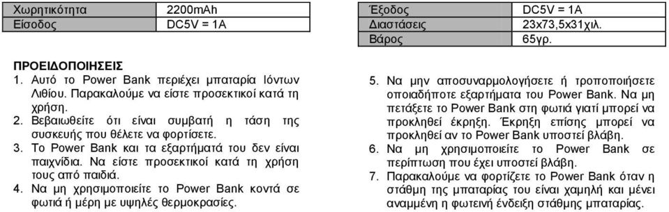 Να είστε προσεκτικοί κατά τη χρήση τους από παιδιά. 4. Να μη χρησιμοποιείτε το Power Bank κοντά σε φωτιά ή μέρη με υψηλές θερμοκρασίες. 5.