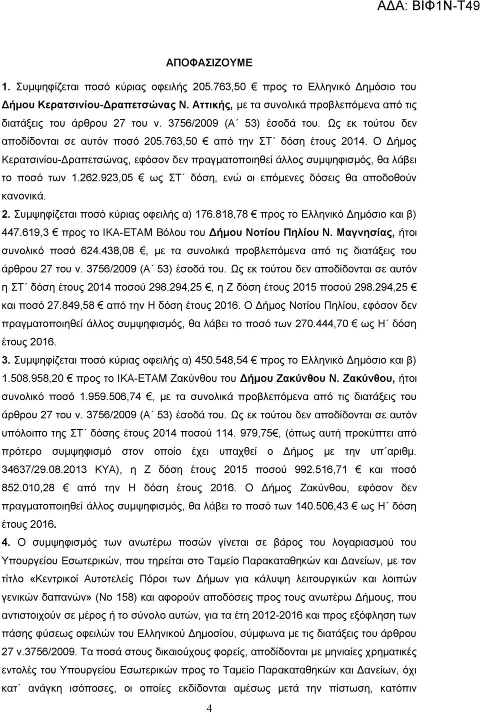 Ο Δήμος Κερατσινίου-Δραπετσώνας, εφόσον δεν πραγματοποιηθεί άλλος συμψηφισμός, θα λάβει το ποσό των 1.262.923,05 ως ΣΤ δόση, ενώ οι επόμενες δόσεις θα αποδοθούν κανονικά. 2.