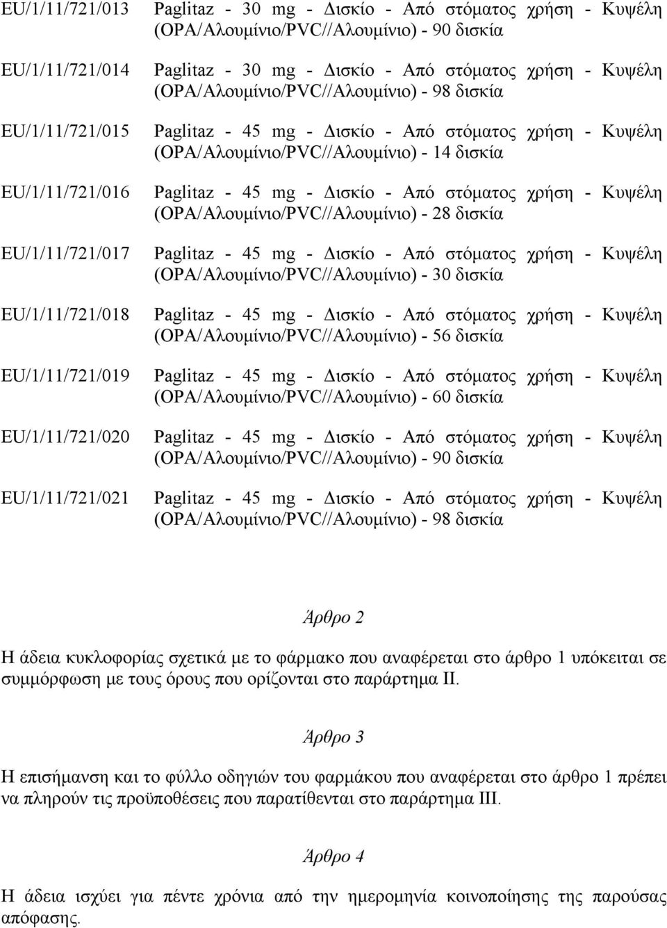 mg - Δισκίο - Από στόματος χρήση - Κυψέλη EU/1/11/721/019 Paglitaz - 45 mg - Δισκίο - Από στόματος χρήση - Κυψέλη EU/1/11/721/020 Paglitaz - 45 mg - Δισκίο - Από στόματος χρήση - Κυψέλη