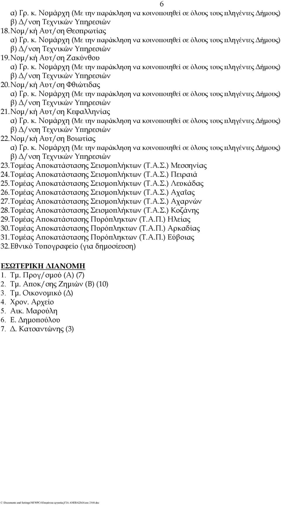 Τομέας Αποκατάστασης Σεισμοπλήκτων (Τ.Α.Σ.) Αχαρνών 28. Τομέας Αποκατάστασης Σεισμοπλήκτων (Τ.Α.Σ.) Κοζάνης 29. Τομέας Αποκατάστασης Πυρόπληκτων (Τ.Α.Π.) Ηλείας 30.