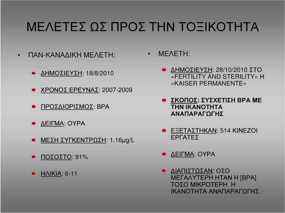 16µg/L ΠΟΣΟΣΤΟ: 91% ΗΛΙΚΙΑ: 6-11 ΜΕΛΕΤΗ: ΗΜΟΣΙΕΥΣΗ: 28/10/2010 ΣΤΟ «FERTILITY AND STERILITY»Η «KAISER