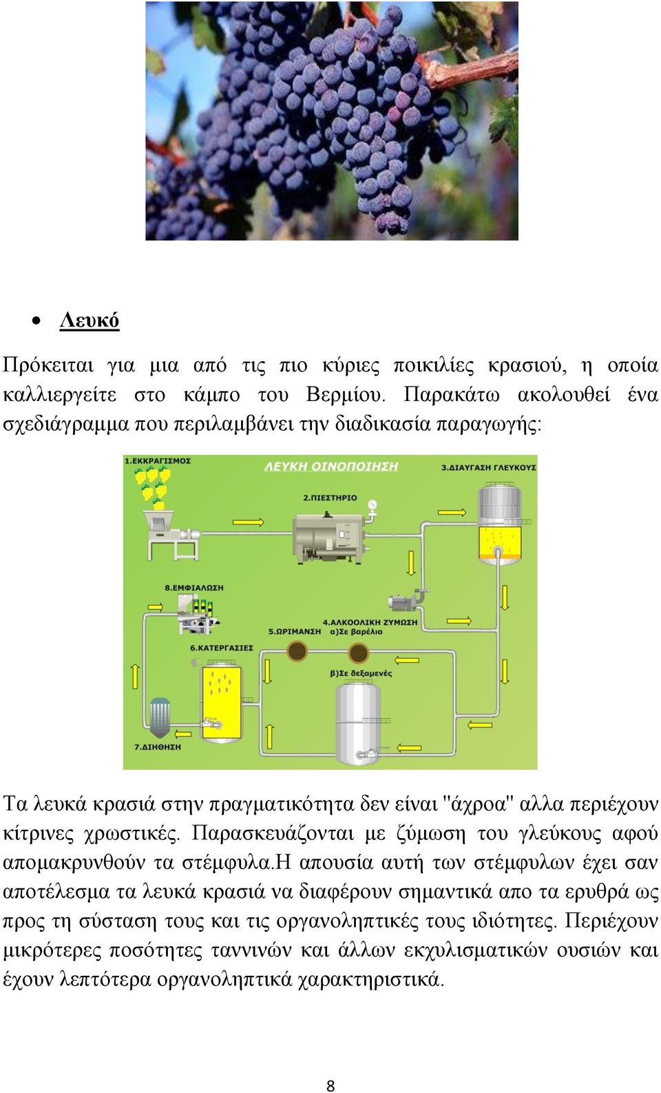 χρωστικές. Παρασκευάζονται με ζύμωση του γλεύκους αφού απομακρυνθούν τα στέμφυλα.