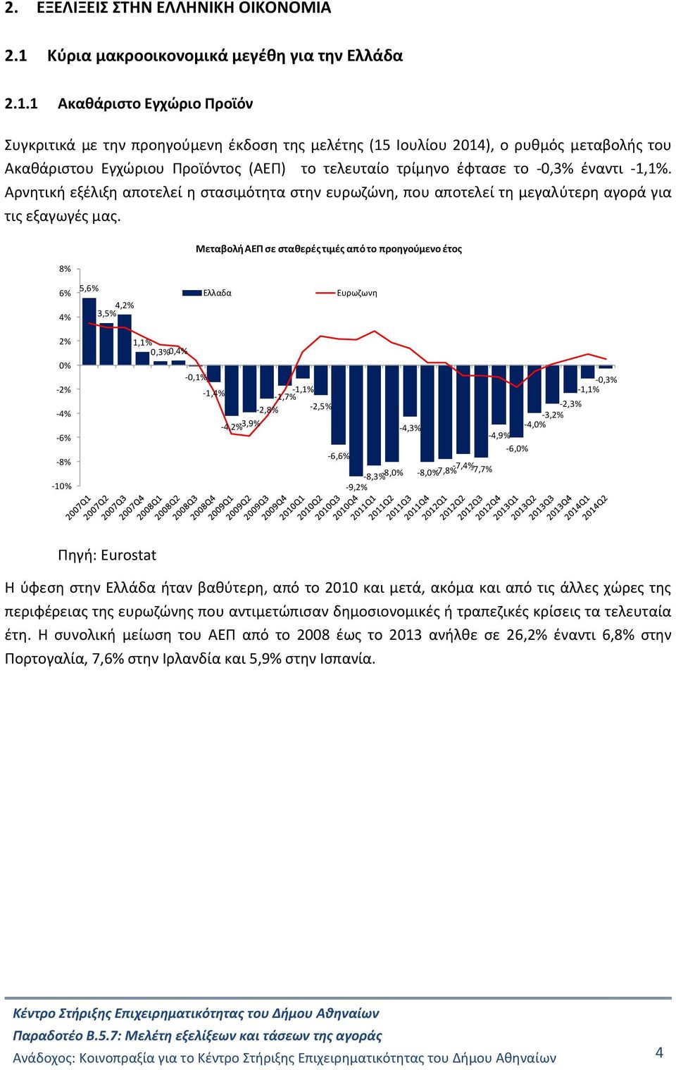 1 Ακαθάριστο Εγχώριο Προϊόν Συγκριτικά με την προηγούμενη έκδοση της μελέτης (15 Ιουλίου 214), ο ρυθμός μεταβολής του Ακαθάριστου Εγχώριου Προϊόντος (ΑΕΠ) το τελευταίο τρίμηνο έφτασε το -,3% έναντι