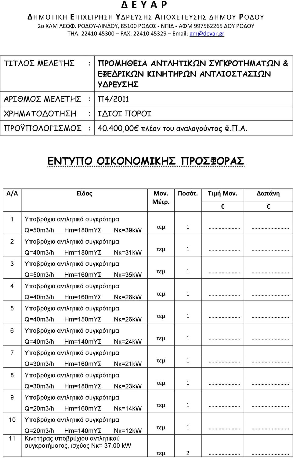 400,00 πλέον του αναλογούντος Φ.Π.Α. ΕΝΤΥΠΟ ΟΙΚΟΝΟΜΙΚΗΣ ΠΡΟΣΦΟΡΑΣ Α/Α Είδος Μον. Μέτρ. Ποσότ. Τιμή Μον.