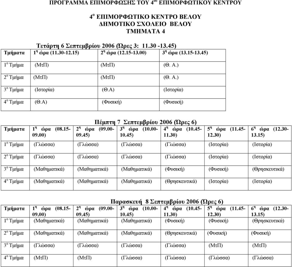 15- Πέµπτη 7 Σεπτεµβρίου 2006 (Ώρες 6) 2 η ώρα (09.00-3 η ώρα (10.00-4 η ώρα (10.45-5 η ώρα (11.45-6 η ώρα (12.